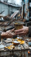 Hands sharing warm drink in disposable cup amid disaster debris, capturing human connection and solidarity during crisis. Perfect for humanitarian aid, emergency response, or social support stories.