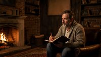 Middle-aged Caucasian man writing in notebook by fireplace in cozy library with brick walls and bookshelves creating warm atmospheric scene for storytelling.