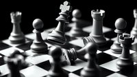 Black and white chess pieces on board with dramatic lighting, queen piece standing victorious over fallen king, symbolizing strategy, victory and power dynamics in business.