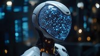 Futuristic robot with glowing blue constellation pattern inside transparent helmet against dark background with bokeh lights, representing artificial intelligence.