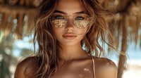 Young mixed race woman wearing stylish sunglasses with beach reflection, tanned skin and natural wavy hair in warm summer lighting creates dreamy vacation mood.