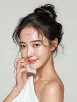 Young Asian woman with messy bun hairstyle and natural makeup smiling gently while touching her face, wrapped in white towel against neutral background.