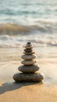 Zen stone stack balanced on sandy beach with soft ocean waves in background creating peaceful meditation and mindfulness concept for wellness and relaxation.