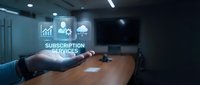 Businessman hand holding glowing virtual interface with subscription services icons in modern conference room, digital business concept.