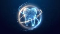 Glowing digital tooth with protective energy shield and sparkling particles on dark blue background for dental technology and healthcare concepts.