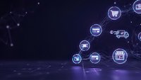 Digital commerce network with connected shopping icons on purple technology background for ecommerce and online retail business concepts.