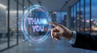 Businessman hand touching holographic thank you message with digital interface in modern office environment with city skyline view at evening.