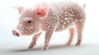 Pink glowing piglet with magical sparkles and light particles on white background, digital art creation for fantasy and children book illustrations.