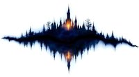 Mystical forest silhouette reflected in water with glowing moon behind gothic castle spires, creating dramatic soundwave-like symmetrical pattern in dark blue tones.