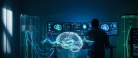 Medical professional analyzing holographic brain scan in futuristic laboratory with advanced diagnostic technology and digital neural network visualization.