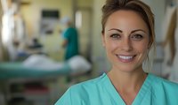 Confident healthcare professional in turquoise scrubs smiling warmly at camera in hospital setting with medical staff and equipment visible in background.