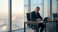 Senior Caucasian businessman in suit working on laptop at modern office desk with panoramic city view through floor-to-ceiling windows during golden hour.