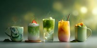 Assortment of colorful layered beverages including matcha latte, fruit smoothie, and iced coffee drinks arranged on light surface against bokeh green background.