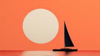 Minimalist sailboat silhouette against orange sunset sky with large sun disc, reflecting on calm water surface. Clean geometric composition for modern wall art.