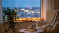 Cozy evening interior with candles on windowsill, comfortable armchair, books and tea cup creating warm atmosphere with city lights bokeh background.