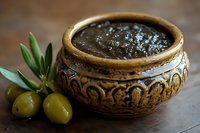 Traditional olive tapenade in rustic ceramic bowl with fresh green olives and olive branch on wooden surface, perfect for Mediterranean cuisine.