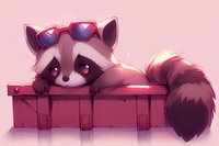 Cute cartoon raccoon wearing heart-shaped sunglasses resting on wooden crate, drawn in pink and purple tones with soft lighting effects for children's illustration.