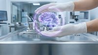 Scientist in white gloves holding glowing purple holographic brain model in modern laboratory with computers and equipment in background, representing artificial intelligence and neuroscience research.