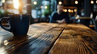 Dark ceramic coffee cup on rustic wooden table with blurred cafe interior background and warm bokeh lights creating cozy atmosphere for cafe and restaurant designs.