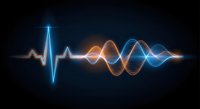 Digital heartbeat pulse transforming into sound waves with glowing neon effects on dark background for medical technology presentations.