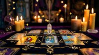 Mystical tarot card reading setup with crystal pendulum, burning candles and magical atmosphere for fortune telling and spiritual guidance sessions.