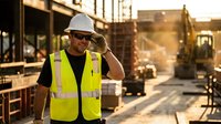 Construction worker in safety vest and hard hat at building site during golden hour sunset with heavy machinery in background for industrial projects.