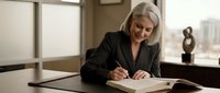 Confident senior Caucasian businesswoman in suit signing documents at office desk, smiling while reviewing paperwork in modern corporate workspace.