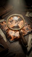 Magnifying glass examining circuit board with glowing copper traces on wooden desk surrounded by vintage papers and books for technology research concept.