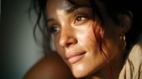 Young Hispanic woman with natural makeup and glowing skin in warm sunlight. Portrait photography showcasing authentic beauty and wellness lifestyle.