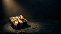 Black gift box with gold ribbon bow on dark textured surface, illuminated by warm spotlight. Luxury present for holidays, celebrations, birthdays, and special occasions.