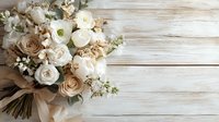 Elegant bridal bouquet with white roses and beige flowers tied with silk ribbon on rustic wooden background for wedding photography.