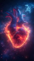 Cosmic human heart glowing with fiery energy against starry space background. Surreal anatomical organ with flames and celestial light effects for creative projects.