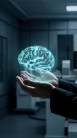 Glowing holographic brain floating above open hands in modern office environment representing artificial intelligence and innovative technology solutions.