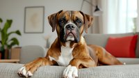 Fawn boxer dog with white chest lying on gray couch in modern living room interior. Alert expression and natural pose shows loyal companion pet personality.
