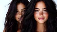 Young women with dark wavy hair, freckles and natural makeup smiling at camera against white background. Diverse beauty portrait showing authentic features.