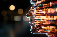 Digital profile silhouette with glowing binary code pattern overlay against blurred city lights background representing artificial intelligence and machine learning.