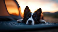 Border Collie dog lying down with alert ears and soulful eyes against blurred sunset background, creating atmospheric mood with shallow depth of field.