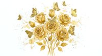 Golden roses bouquet with flying butterflies and sparkles on white background for luxury wedding invitations and romantic greeting cards.