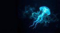 Luminous blue jellyfish floating gracefully in dark ocean depths with glowing tentacles creating ethereal underwater marine life scene for aquatic designs.