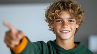 Young Caucasian teen boy with curly blonde hair and bright smile wearing green hoodie points finger at camera with confident friendly expression. Positive youth portrait.