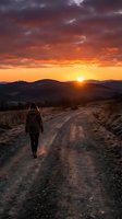 Hiker with backpack walking on rural dirt road toward golden sunset over mountains, dramatic orange and purple sky, travel and adventure concept.