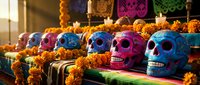 Colorful decorated sugar skulls with marigold flowers on altar for Day of the Dead celebration, traditional Mexican holiday cultural decoration display.