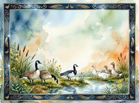 Waterfowl geese and ducks gather at wetland pond surrounded by cattails and marsh grasses in serene natural landscape with ornate decorative border frame.