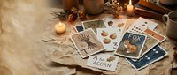 Mystical tarot cards spread with candles, crystals and autumn elements creating atmospheric fortune telling scene for spiritual guidance and divination practices.