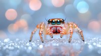 Adorable orange jumping spider with large eyes on sparkling surface against soft bokeh lights background for nature and macro photography projects.