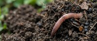 Earthworm crawling through rich dark soil with organic matter, showcasing natural decomposition and soil health in garden ecosystem.
