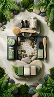 Natural spa products arranged with stones, ferns and moss in zen-inspired wellness setting for organic skincare and aromatherapy treatments.