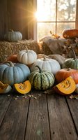 Autumn harvest display with colorful pumpkins and squash on rustic wooden floor near window with warm sunlight streaming through for seasonal decor.