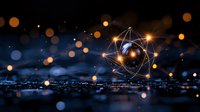 Glowing atomic structure with orbiting electrons against dark background with bokeh lights and reflective surface creates futuristic science concept.