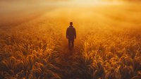 Silhouette of male figure standing in golden wheat field at sunset, dramatic sunbeams illuminate misty rural landscape creating atmospheric agricultural scene.